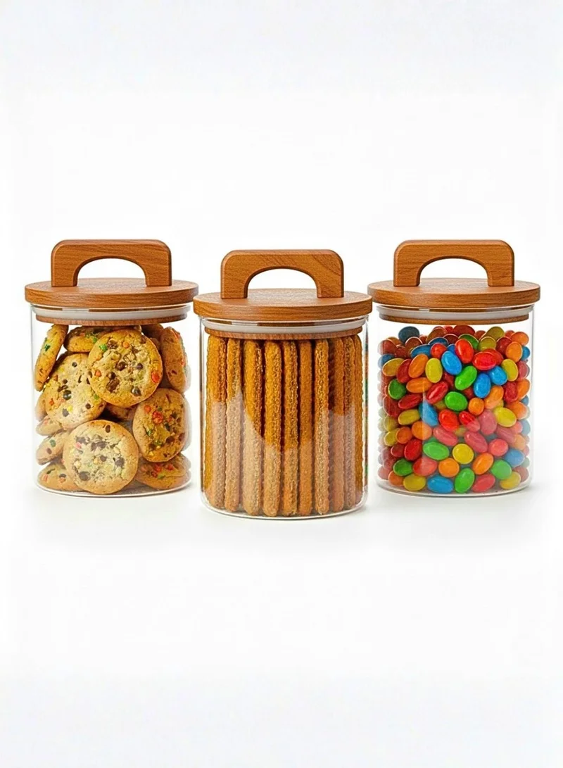 1Chase Borosilicate Glass Storage Jars with Airtight Acacia Wood Lid – Set of 3 (800ML) | Handmade Canisters for Kitchen Pantry, Pasta, Coffee, Snacks & Dry Food